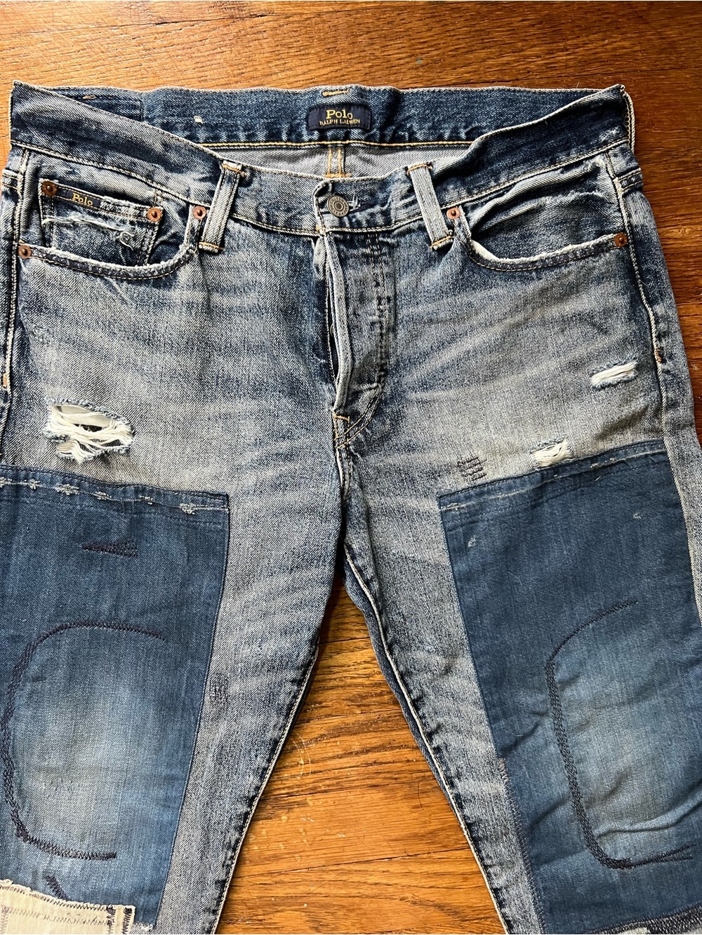 Polo by Ralph Lauren Men’s Faded Blue Patchwork Slim Straight Jeans
